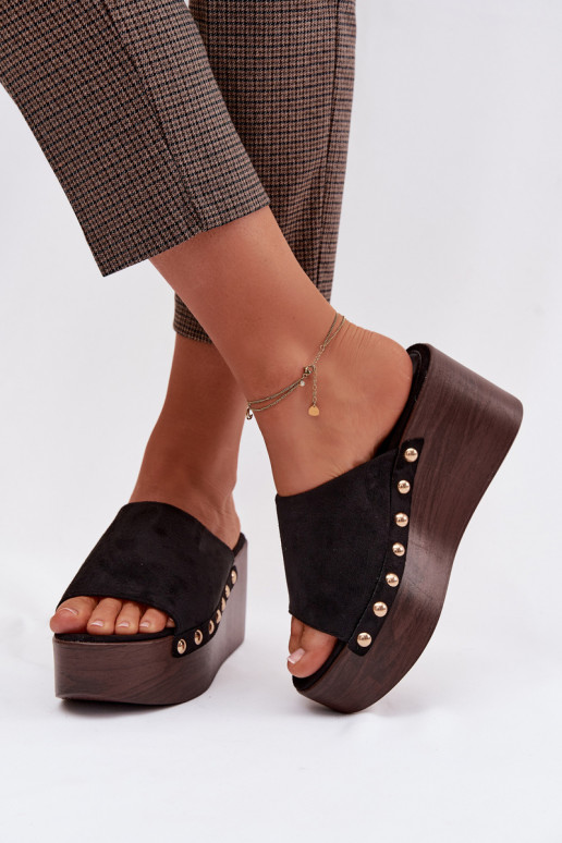 Women's Platform Sandals With Gold Buckles Eco Suede Black Helivina
