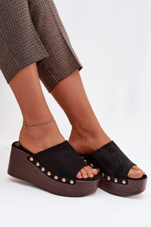 Women's Platform Sandals With Gold Buckles Eco Suede Black Helivina