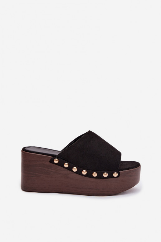 Women's Platform Sandals With Gold Buckles Eco Suede Black Helivina