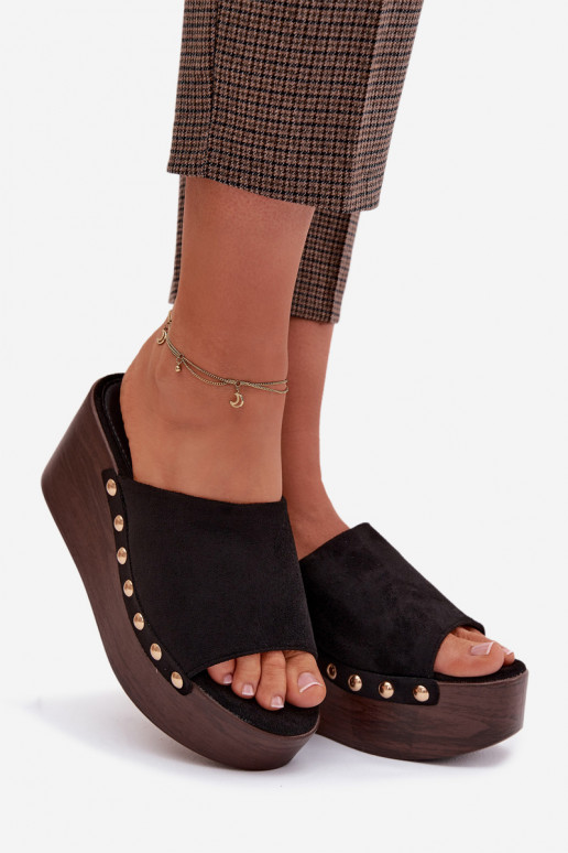 Women's Platform Sandals With Gold Buckles Eco Suede Black Helivina