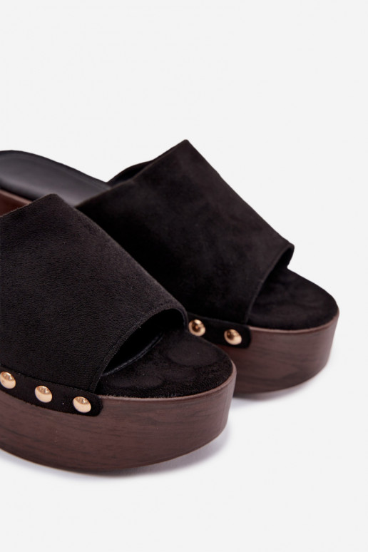 Women's Platform Sandals With Gold Buckles Eco Suede Black Helivina