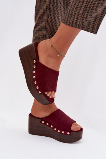 Women's Platform Slides With Gold Buckles Eco Suede Bordeaux Helivina