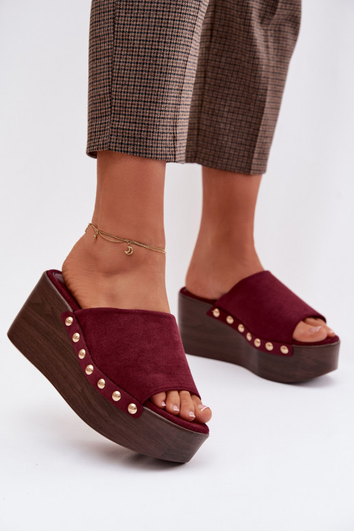Women's Platform Slides With Gold Buckles Eco Suede Bordeaux Helivina