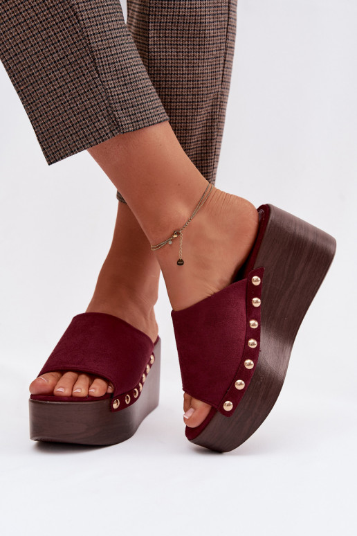 Women's Platform Slides With Gold Buckles Eco Suede Bordeaux Helivina