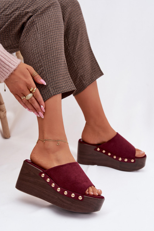 Women's Platform Slides With Gold Buckles Eco Suede Bordeaux Helivina