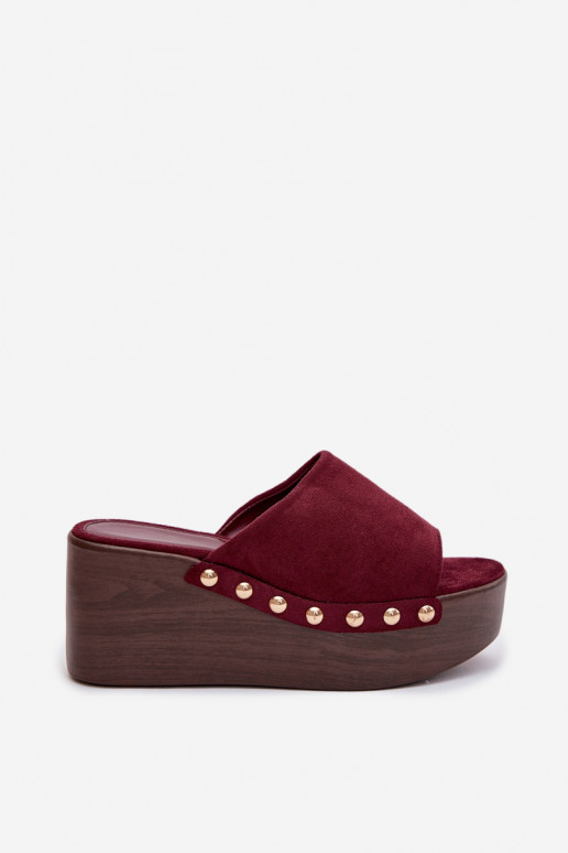 Women's Platform Slides With Gold Buckles Eco Suede Bordeaux Helivina