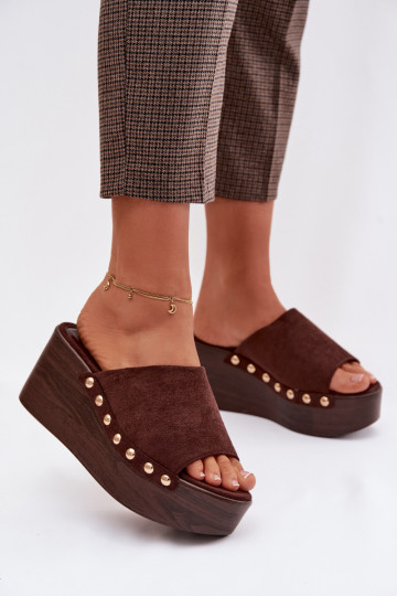 Women's Platform Sandals With Gold Buckles Eco Suede Brown Helivina