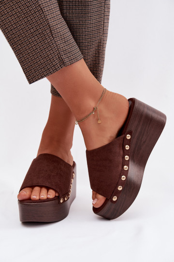 Women's Platform Sandals With Gold Buckles Eco Suede Brown Helivina 2