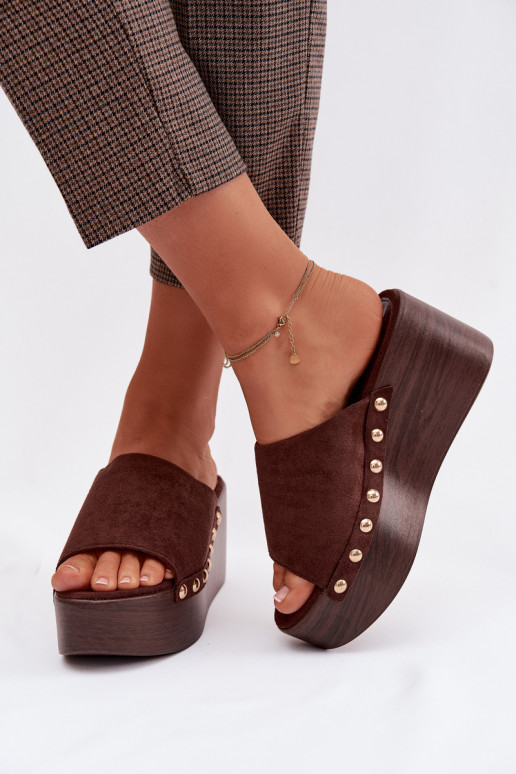 Women's Platform Sandals With Gold Buckles Eco Suede Brown Helivina