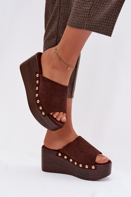 Women's Platform Sandals With Gold Buckles Eco Suede Brown Helivina