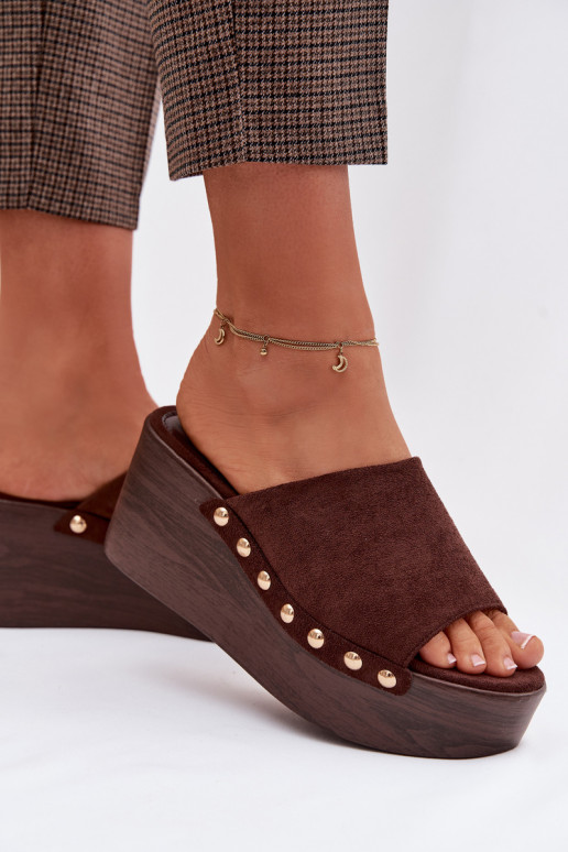 Women's Platform Sandals With Gold Buckles Eco Suede Brown Helivina