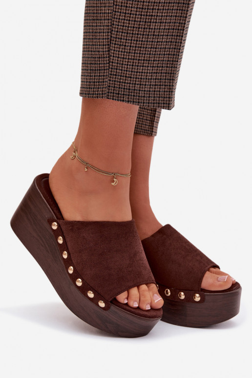 Women's Platform Sandals With Gold Buckles Eco Suede Brown Helivina
