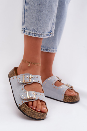 Women's Blue Flat Sandals With Gold Clips And Buckles Tervina 2