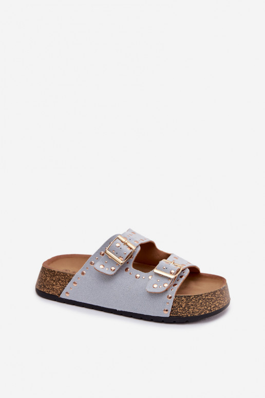 Women's Blue Flat Sandals With Gold Clips And Buckles Tervina