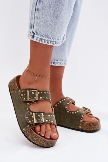 Women's Flat Dark Green Tervina Slippers With Gold Clips and Rivets 2