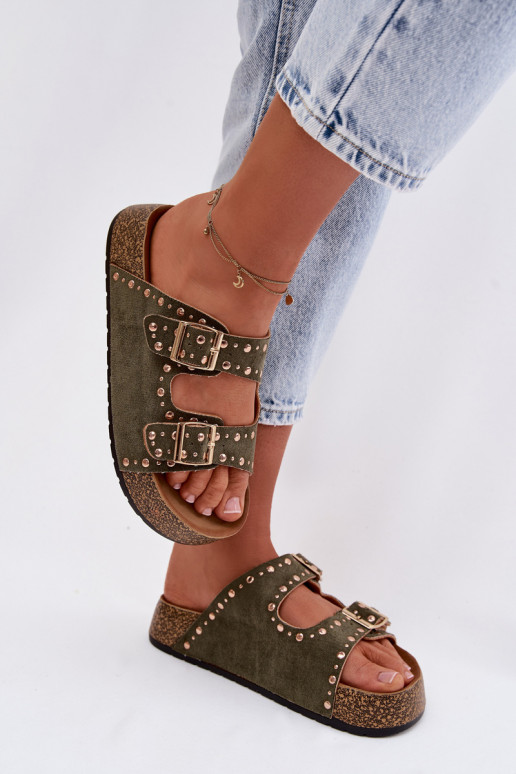 Women's Flat Dark Green Tervina Slippers With Gold Clips and Rivets