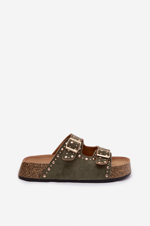 Klapki Damskie Ze Złotymi Klamrami I Ćwiekami Ciemnozielone Tervina