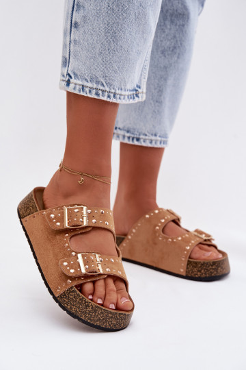 Women's Flat Yellow Slides With Gold Clips And Rivets Camel Tervina