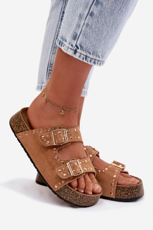 Women's Flat Yellow Slides With Gold Clips And Rivets Camel Tervina