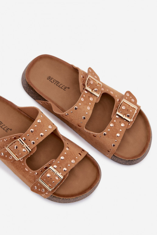 Women's Flat Yellow Slides With Gold Clips And Rivets Camel Tervina