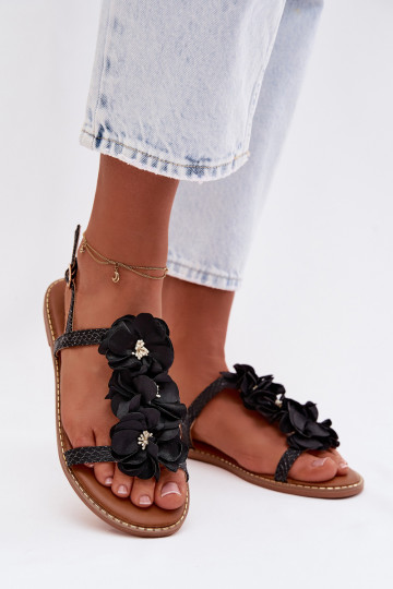 Women's Flat Sandals With Decorative Flowers Black Noemia 2