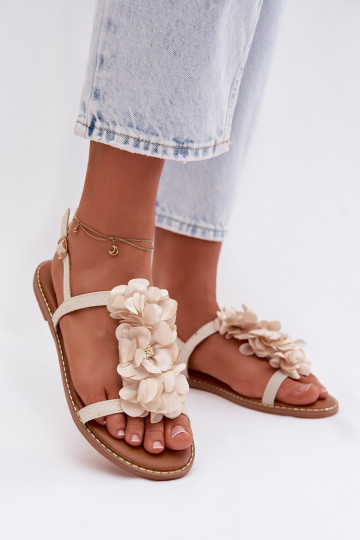 Women's Flat Sandals With Decorative Flowers Jasnobeżowe Noemia 2