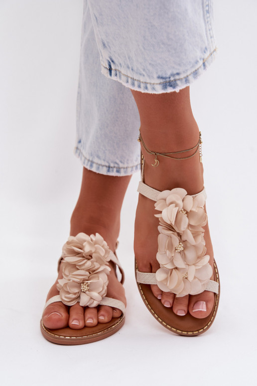 Women's Flat Sandals With Decorative Flowers Jasnobeżowe Noemia