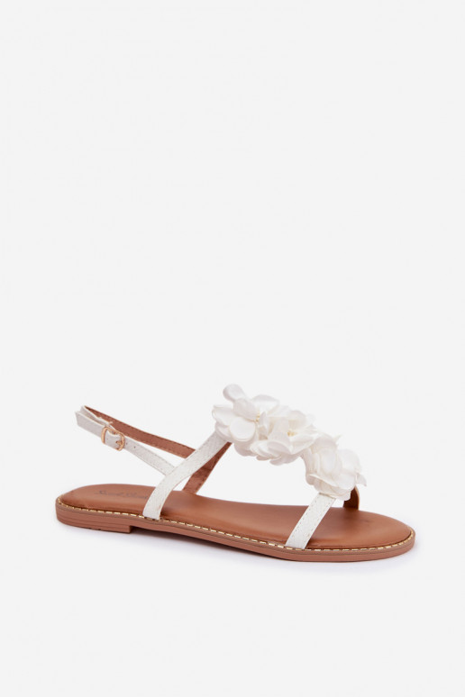 Women's Flat Sandals With Decorative Flowers White Noemia