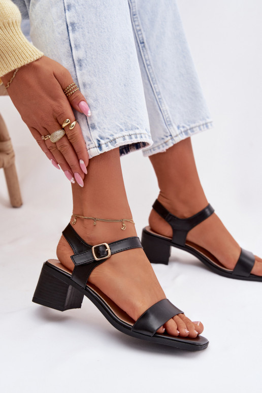 Sandały Damskie Eko Skórzane Na Klocku Czarne Sabela