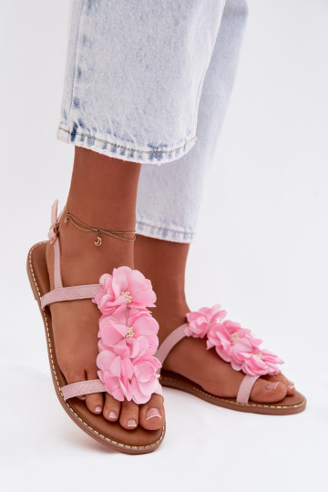 Women's Flat Pink Sandals With Decorative Flowers Noemia 2