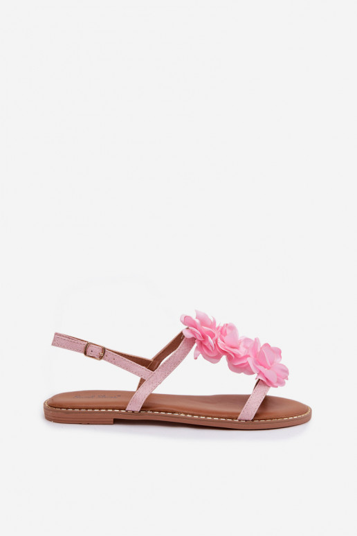 Women's Flat Pink Sandals With Decorative Flowers Noemia