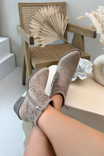 Ażurowe Botki Damskie Na Płaskim Obcasie S.Barski HY61-8026 Beżowe