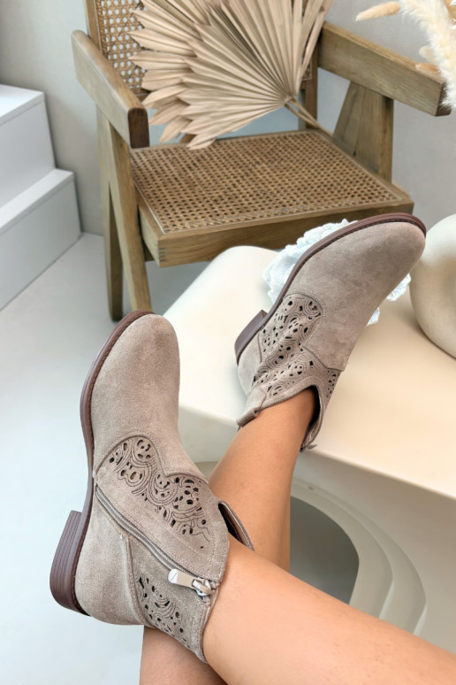 Women's Perforated Ankle Boots With Flat Heel S.Barski HY61-8026 Beige