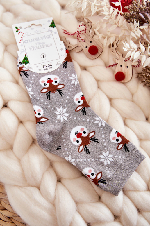Women's Christmas Socks Shiny Reindeer Grey