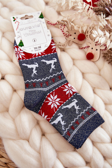 Women's Christmas Socks Shiny ReindeerNavy blue 2