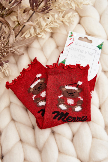 Women's Brocade Christmas Socks with Red Teddy Bear 2