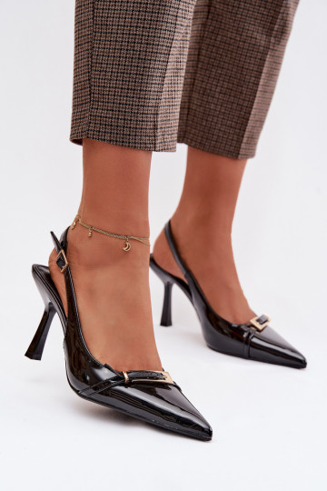 Patent Leather Women's High Heel Sandals With Gold Buckle Black Bellivra 2