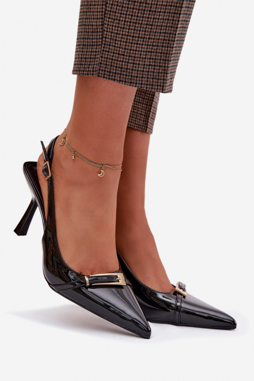Patent Leather Women's High Heel Sandals With Gold Buckle Black Bellivra