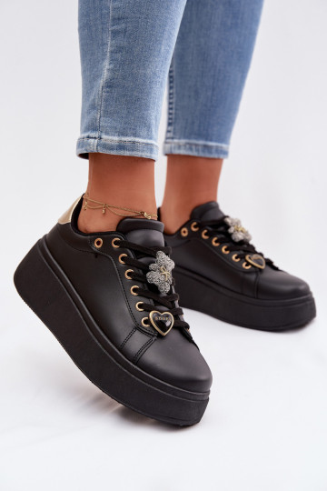Women's Platform Sneakers With Buckles Bear Heart Black Selorissa