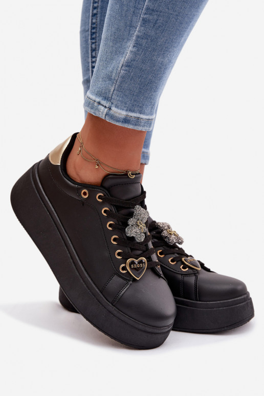Women's Platform Sneakers With Buckles Bear Heart Black Selorissa