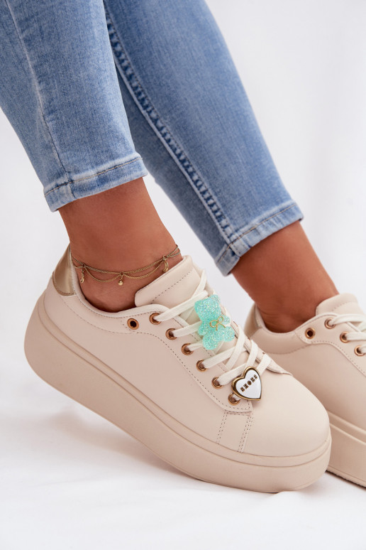 Women's Platform Sneakers With Pins Bear Heart Beige Selorissa