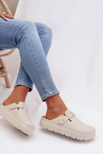 Women's Foam Slides With Strap and Buckle Beige Larinie