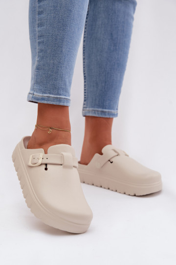 Women's Foam Slides With Strap and Buckle Beige Larinie 2