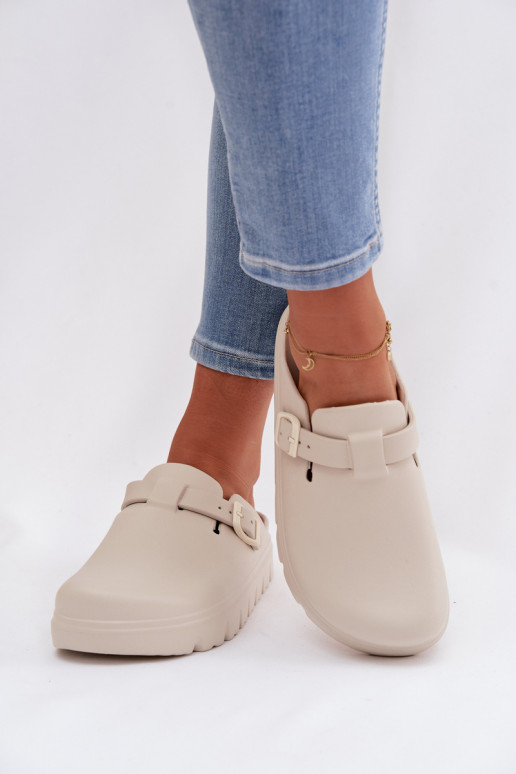Women's Foam Slides With Strap and Buckle Beige Larinie