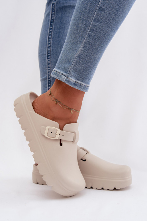 Women's Foam Slides With Strap and Buckle Beige Larinie