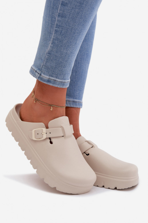 Women's Foam Slides With Strap and Buckle Beige Larinie