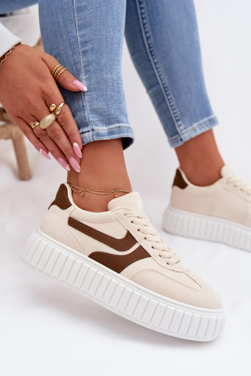 Sneakersy Damskie Na PlatformiewithEko Zamszu Beżowe Cadrina