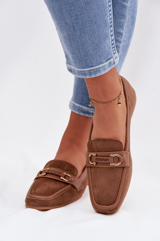 Mokasyny Loafersy DamskiewithOzdobnym Elementem Brązowe Evelora