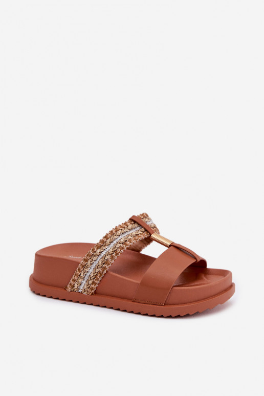 Klapki Damskie Na PlatformiewithPaskami I Złotym Detalem Camel Tahlia