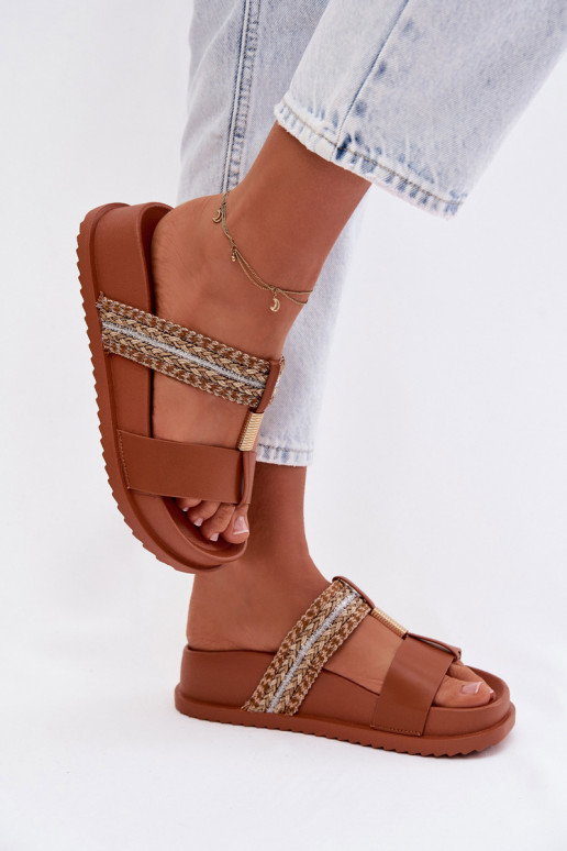 Klapki Damskie Na PlatformiewithPaskami I Złotym Detalem Camel Tahlia